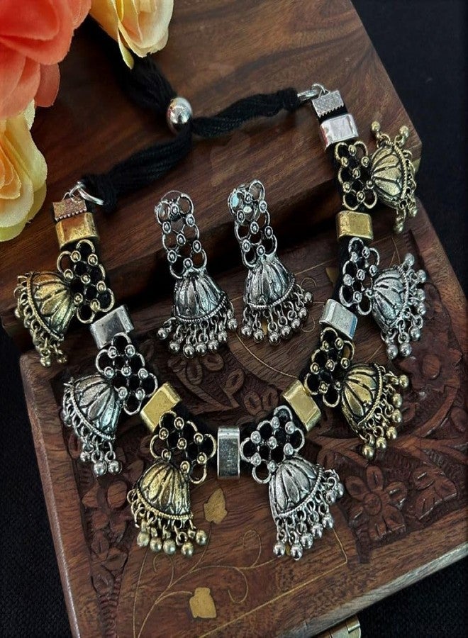 Siddhatva Fashion Indian Ethnic Statement Afghani Silver Oxidized Dual Handmade Tassel Choker Necklace Jewelry (Silver Gold Dual Tone) - Image 4